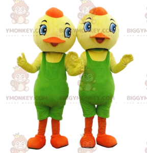 2 BIGGYMONKEY™s kycklingmaskot, gula fåglar med grön trikå -