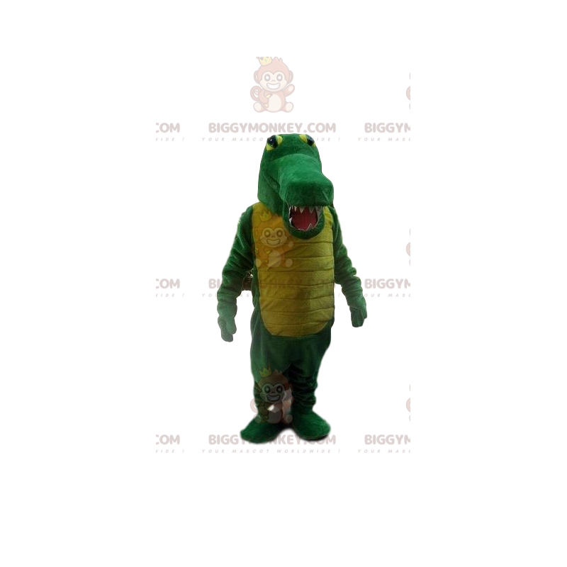 Traje de mascote BIGGYMONKEY™ de crocodilo verde e amarelo