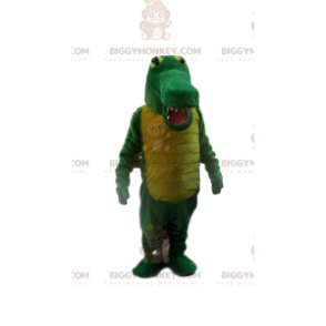 Traje de mascote BIGGYMONKEY™ de crocodilo verde e amarelo