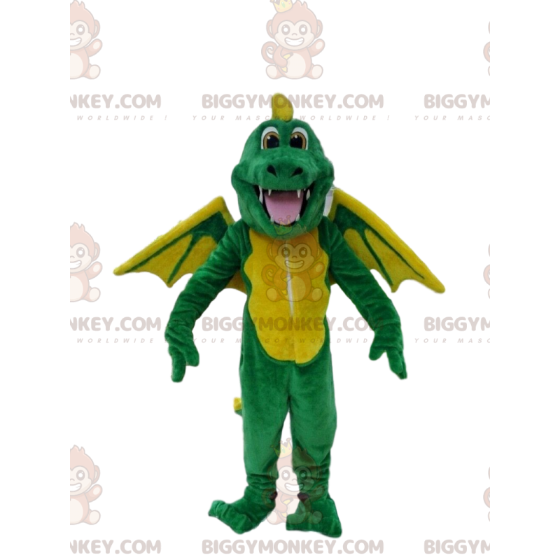 BIGGYMONKEY™ maskot kostume grøn og gul drage, dinosaur kostume