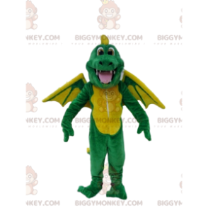 BIGGYMONKEY™ mascot costume green and yellow dragon, dinosaur