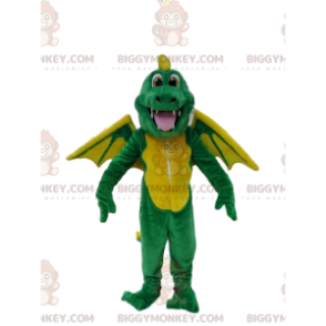 BIGGYMONKEY™ maskot kostume grøn og gul drage, dinosaur kostume