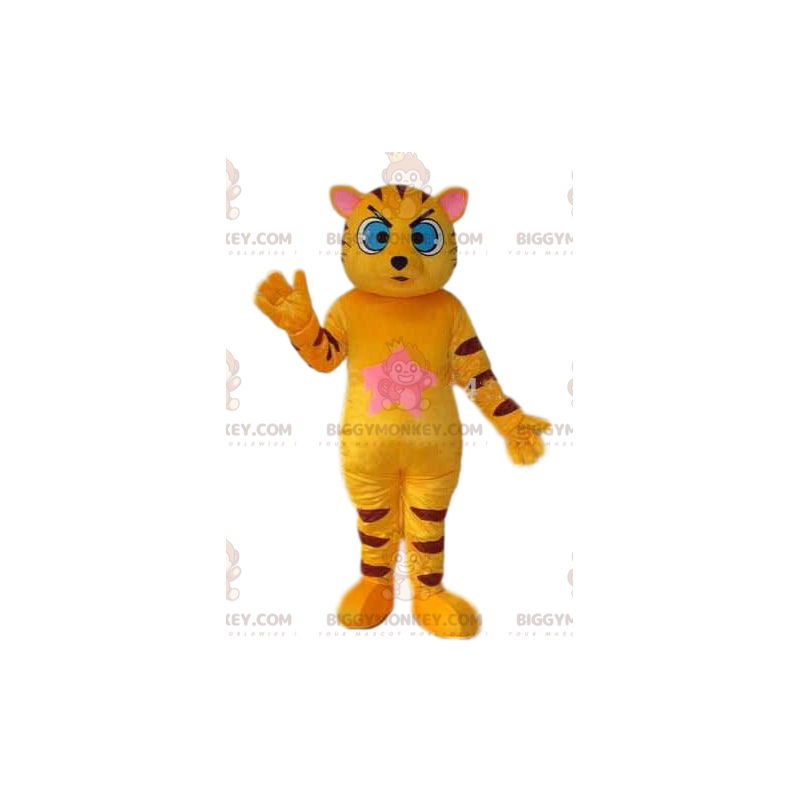 BIGGYMONKEY™ mascot costume of yellow cat with big blue eyes.