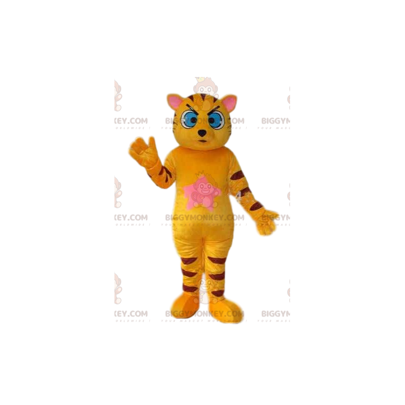 BIGGYMONKEY™ maskotdräkt av gul katt med stora blå ögon.