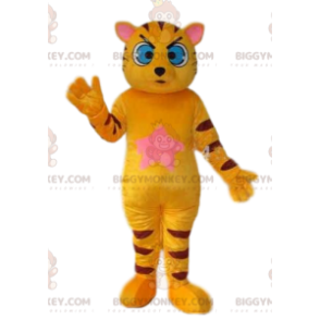 BIGGYMONKEY™ maskottiasu keltaisesta kissasta, jolla on suuret
