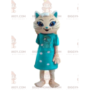 BIGGYMONKEY™ mascot costume white cat with blue dress, festive