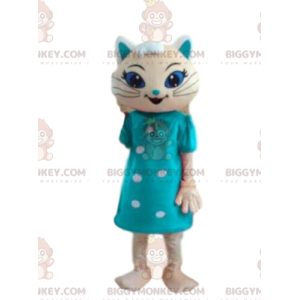 Traje de mascote BIGGYMONKEY™ gato branco com vestido azul