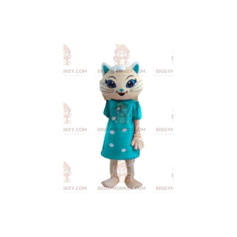 BIGGYMONKEY™ mascot costume white cat with blue dress, festive
