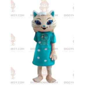 BIGGYMONKEY™ costume da mascotte gatto bianco con vestito blu
