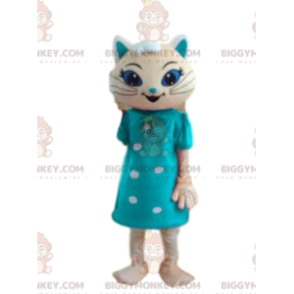 BIGGYMONKEY™ mascot costume white cat with blue dress, festive