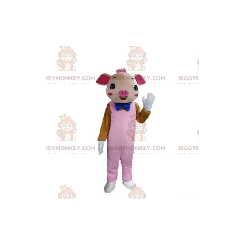BIGGYMONKEY™ pink pig mascot costume with overalls, pig costume