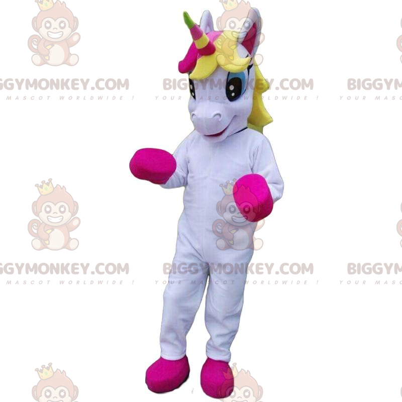 Traje de mascote de unicórnio branco e rosa BIGGYMONKEY™