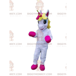 Traje de mascote de unicórnio branco e rosa BIGGYMONKEY™