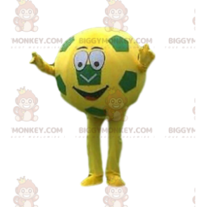 Fato de mascote BIGGYMONKEY™ bola de futebol amarela e verde