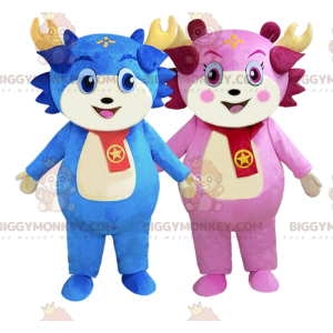 2 BIGGYMONKEY's karaktermascotte blauw en roze, kleurrijke