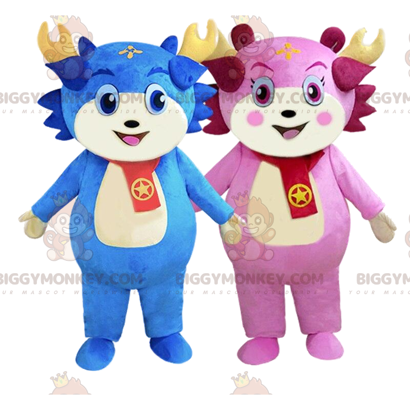 2 BIGGYMONKEY's karaktermascotte blauw en roze, kleurrijke