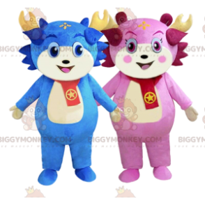 2 BIGGYMONKEY's karaktermascotte blauw en roze, kleurrijke