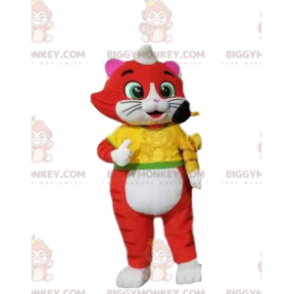 Costume da mascotte BIGGYMONKEY™ gatto rosso e bianco, costume