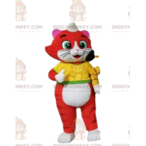 Costume de mascotte BIGGYMONKEY™ de chat rouge et blanc