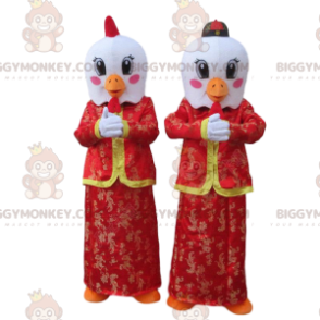 BIGGYMONKEY™s maskot af hvide fugle i røde asiatiske outfits -