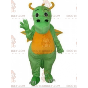 BIGGYMONKEY™ mascot costume green and yellow dragon, dinosaur