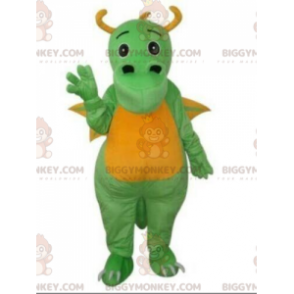 Traje de mascote BIGGYMONKEY™ dragão verde e amarelo, traje de