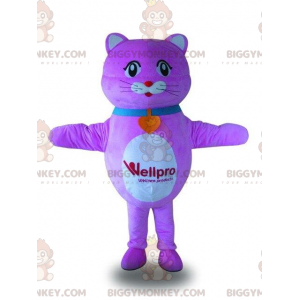 Traje de mascote BIGGYMONKEY™ gato roxo e branco, traje de gato