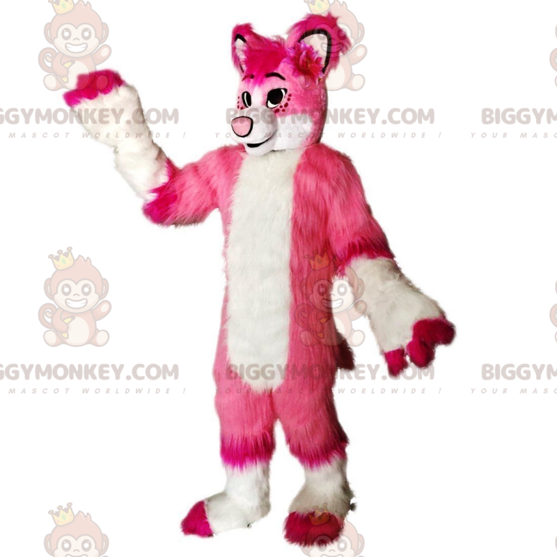 BIGGYMONKEY™ mascottekostuum roze en witte vos, harig