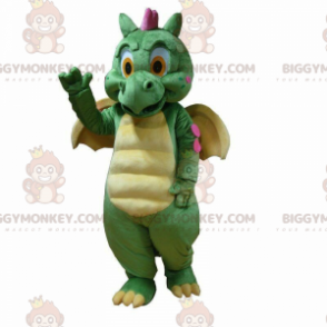 BIGGYMONKEY™ maskot kostume grøn og gul drage, dinosaur kostume