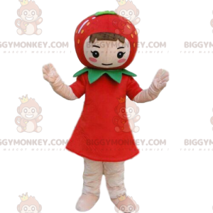 Girl BIGGYMONKEY™ maskotdräkt med en jordgubbe på huvudet