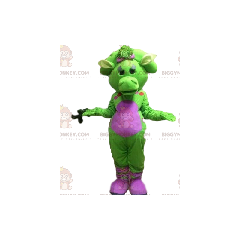 BIGGYMONKEY™ mascottekostuum groene en roze draak, kleurrijk