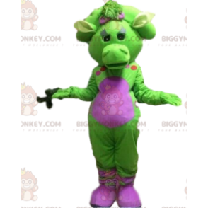 BIGGYMONKEY™ mascottekostuum groene en roze draak, kleurrijk