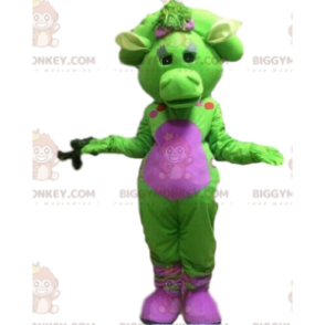 BIGGYMONKEY™ Maskottchenkostüm grüner und rosafarbener Drache