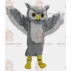 Costume de mascotte BIGGYMONKEY™ de hibou gris et blanc géant