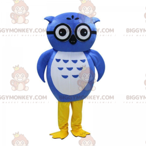 BIGGYMONKEY™ mascot costume of blue owl with glasses, blue bird