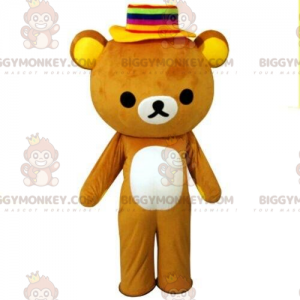 Bear BIGGYMONKEY™ mascot costume with colorful hat, teddy bear
