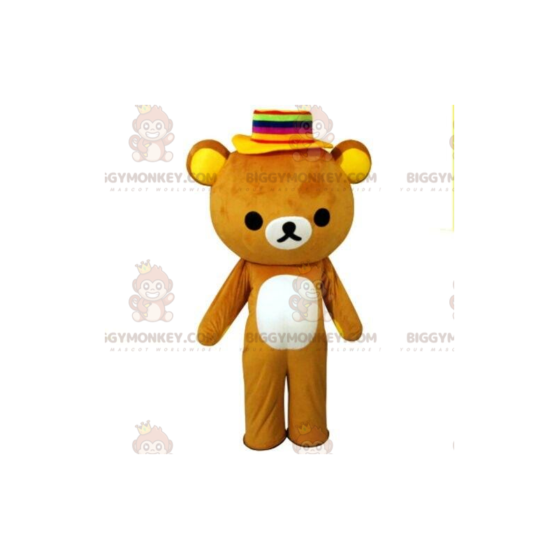 Bear BIGGYMONKEY™ mascot costume with colorful hat, teddy bear