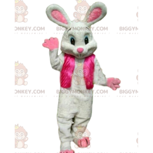 BIGGYMONKEY™ maskotdräkt av vit kanin i rosa outfit, påskdräkt