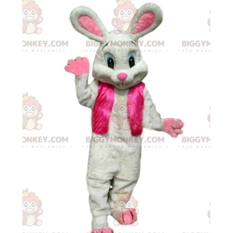 Traje de mascote BIGGYMONKEY™ de coelho branco com roupa rosa