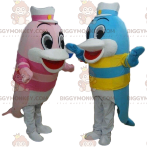 2 BIGGYMONKEY™s mascot dolphins, colorful fish costumes -