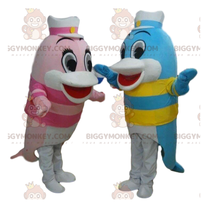 2 delfini mascotte di BIGGYMONKEY™, costumi da pesci colorati -