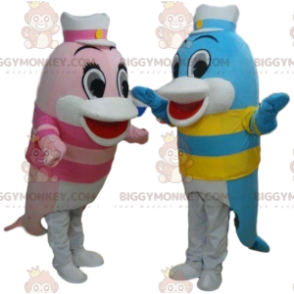 2 BIGGYMONKEY™s mascot dolphins, colorful fish costumes -