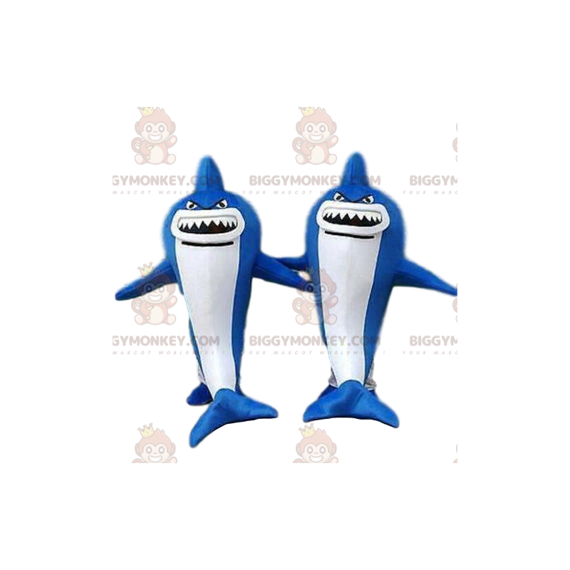 2 BIGGYMONKEY™s maskot av blå och vita hajar, farligt djur -