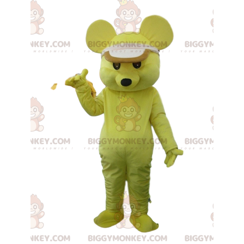 Yellow mouse BIGGYMONKEY™ mascot costume with a cap, yellow