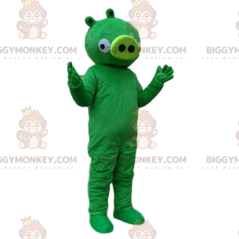 Groen varken BIGGYMONKEY™-mascottekostuum uit Angry Bird-video.