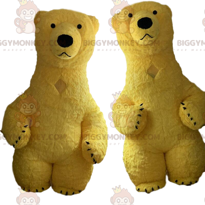 2 orsi gialli mascotte di BIGGYMONKEY™, gonfiabili, costumi da