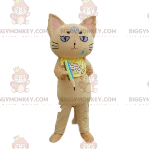 BIGGYMONKEY™ mascot costume beige cat with pencil, school boy