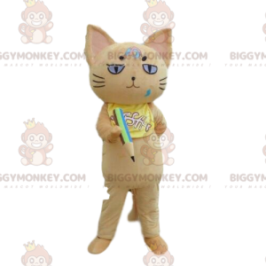 BIGGYMONKEY™ Maskottchenkostüm beige Katze mit Bleistift