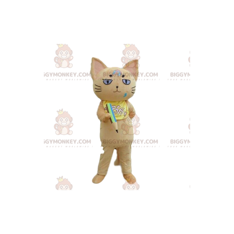BIGGYMONKEY™ mascot costume beige cat with pencil, school boy
