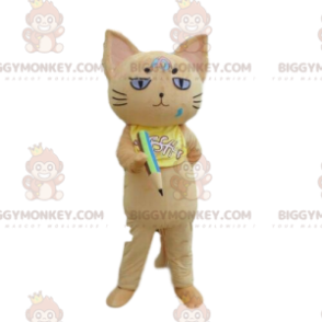 BIGGYMONKEY™ mascot costume beige cat with pencil, school boy